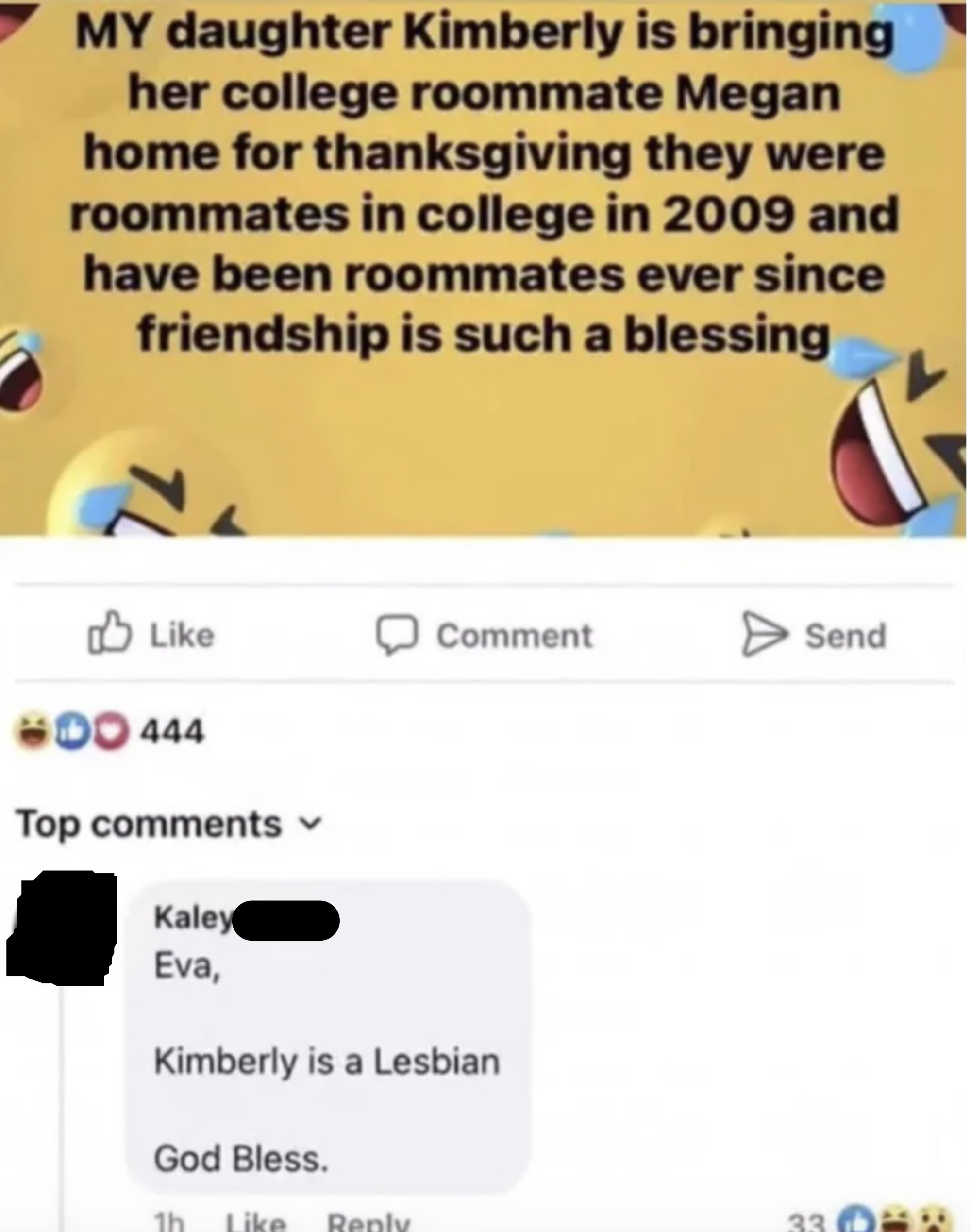 mom's post about her daughter bringing her college and current roommate home for thanksgiving and someone in the comments saying, that the daughter is a lesbian