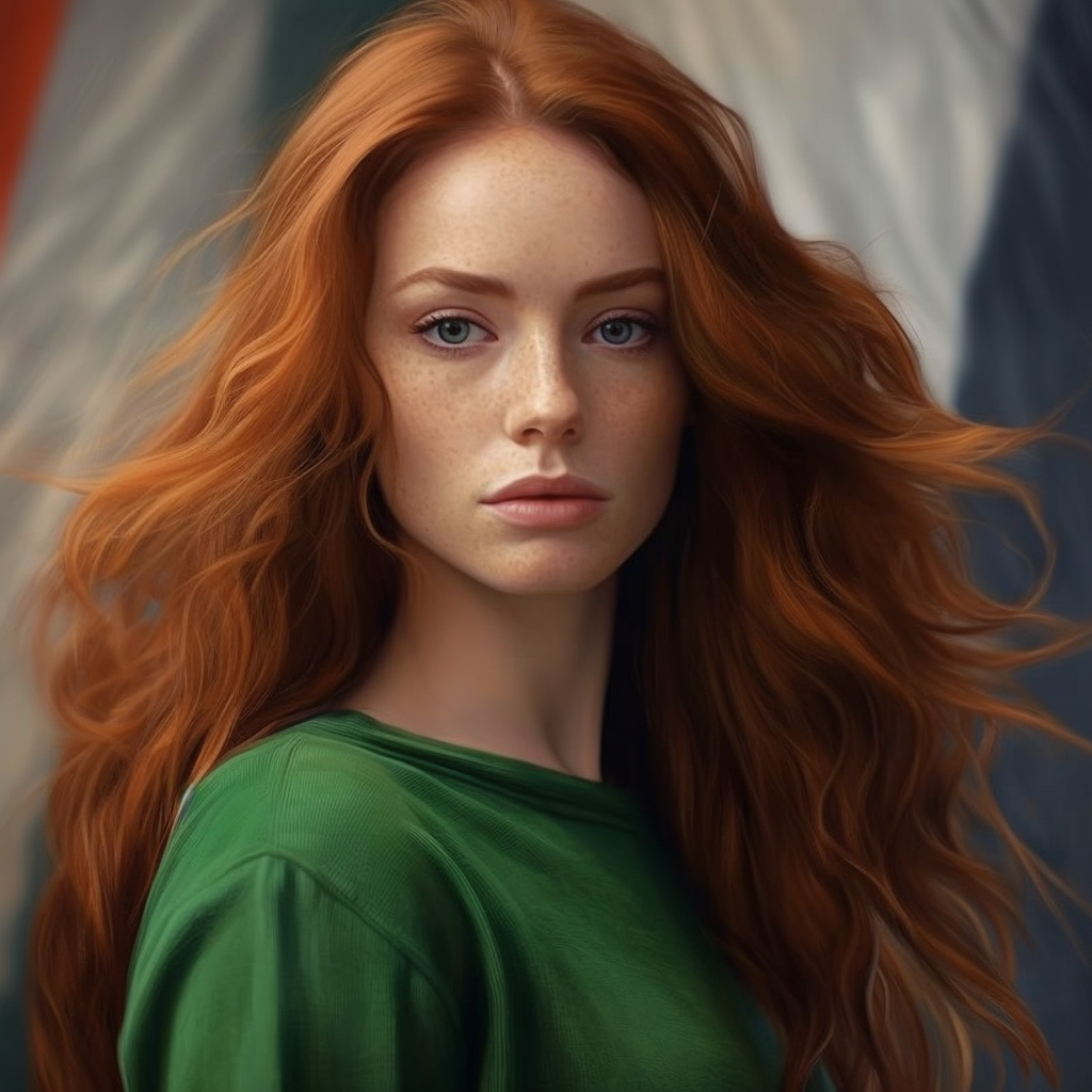 A woman with long red hair in a green shirt