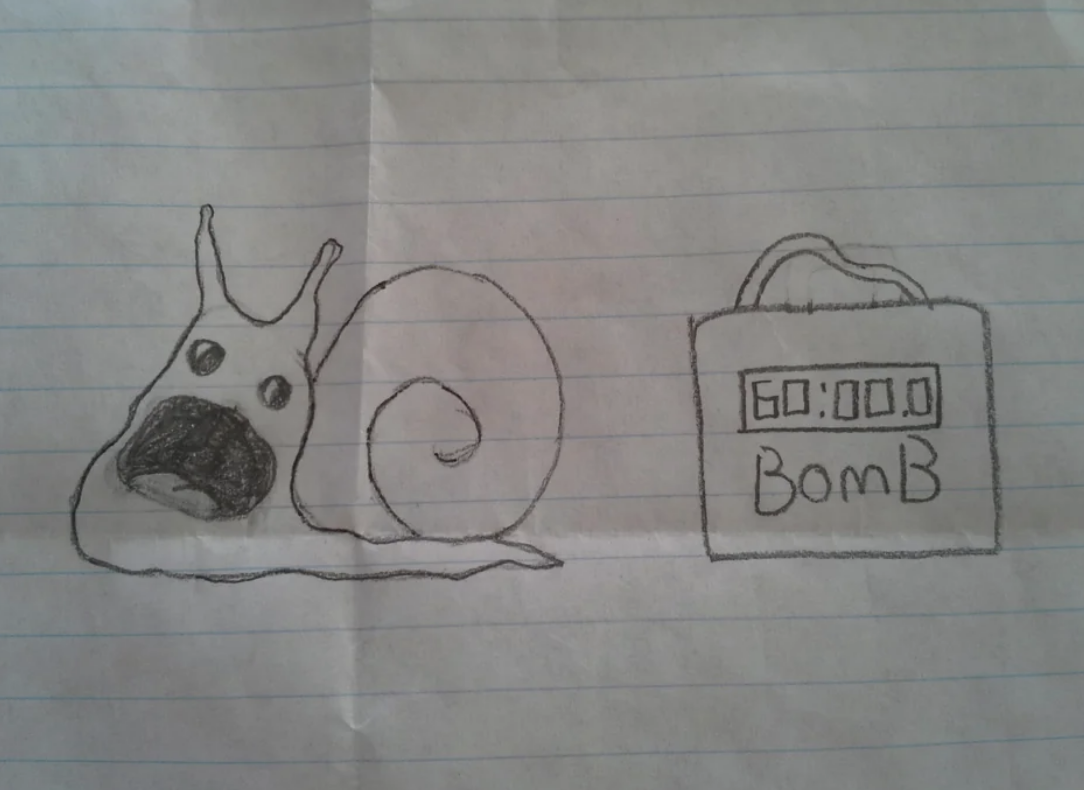 snail yelling and a bomb with a timer next to it