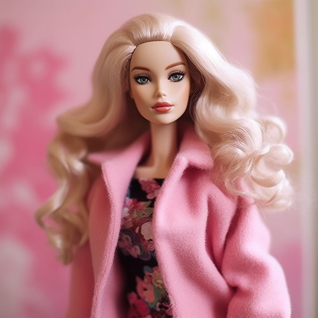 A Barbie wearing a floral dress and a fuzzy jacket over it