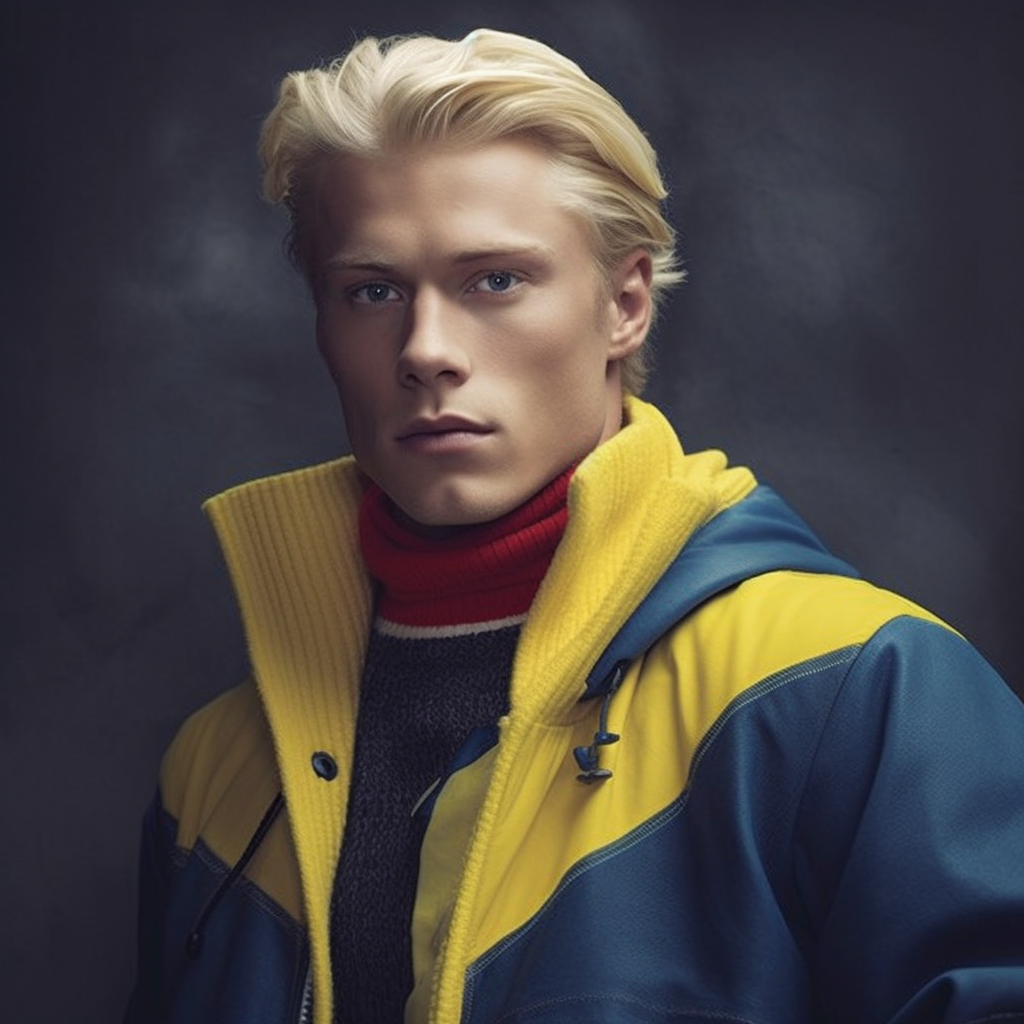 A blonde man wearing a yellow and blue jacket and turtleneck sweater