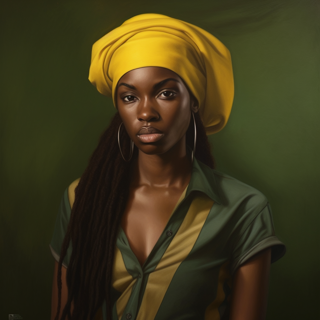 A woman with long, dark locs wearing green and yellow clothes, including a head wrap