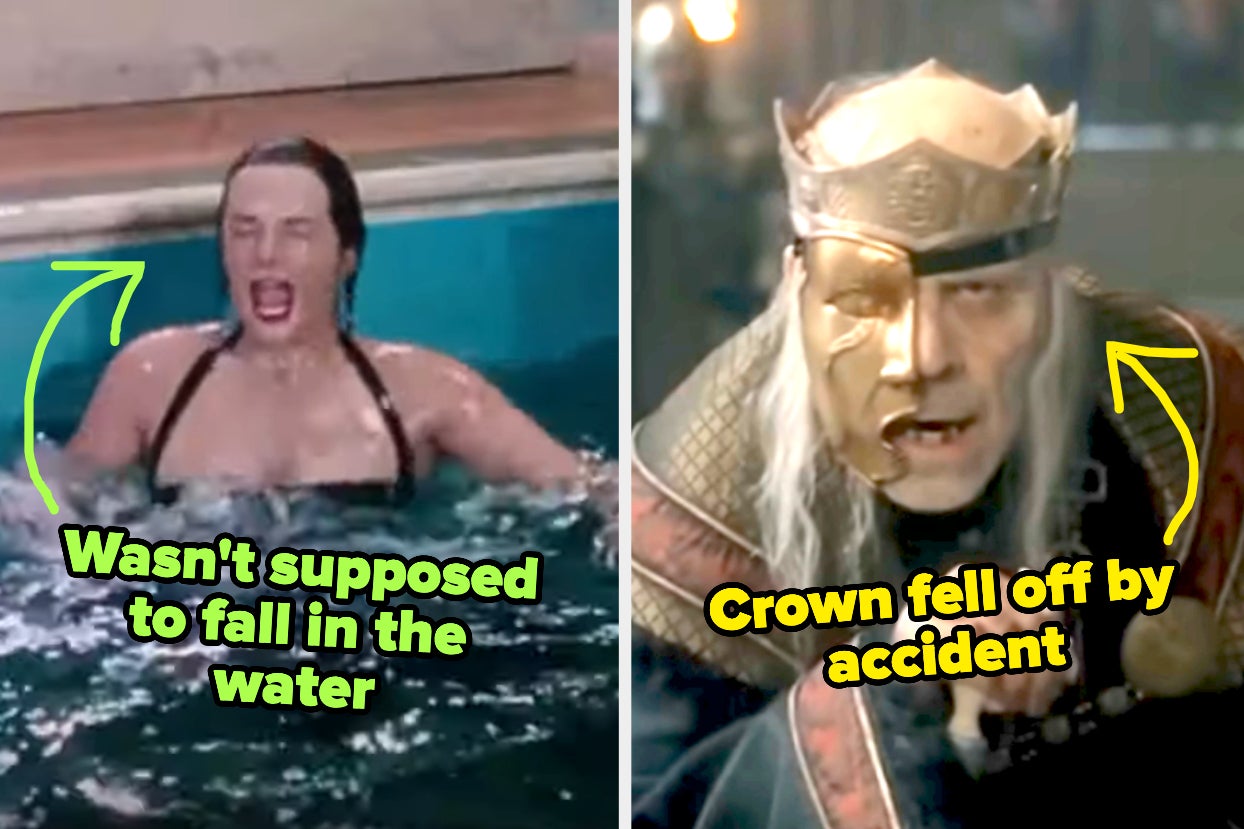jane russel in gentlemen prefer blones captioned "Wasn't supposed to fall in the water" and viserys in house of the dragon captioned "Crown fell of by accident"
