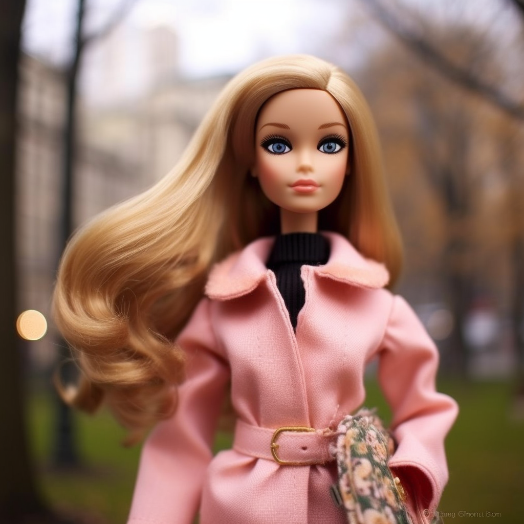 A Barbie standing in a park wearing a turtleneck and belted coat