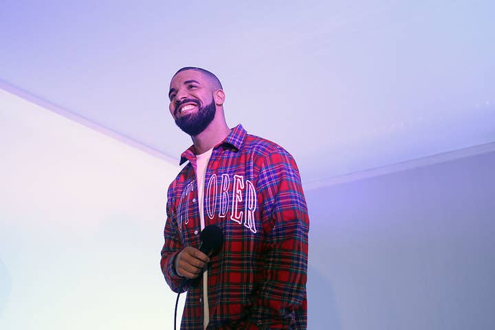 Toronto Rapper Drake addresses media in a 'Hotline Bling' installation at the Air Canada Centre