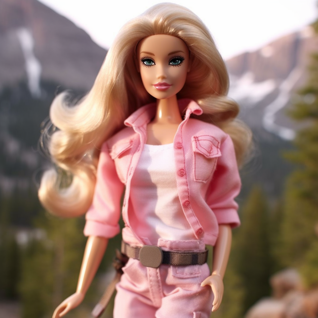 A Barbie near trees in the mountains wearing an open button-down shirt, t-shirt, matching pants, and a belt