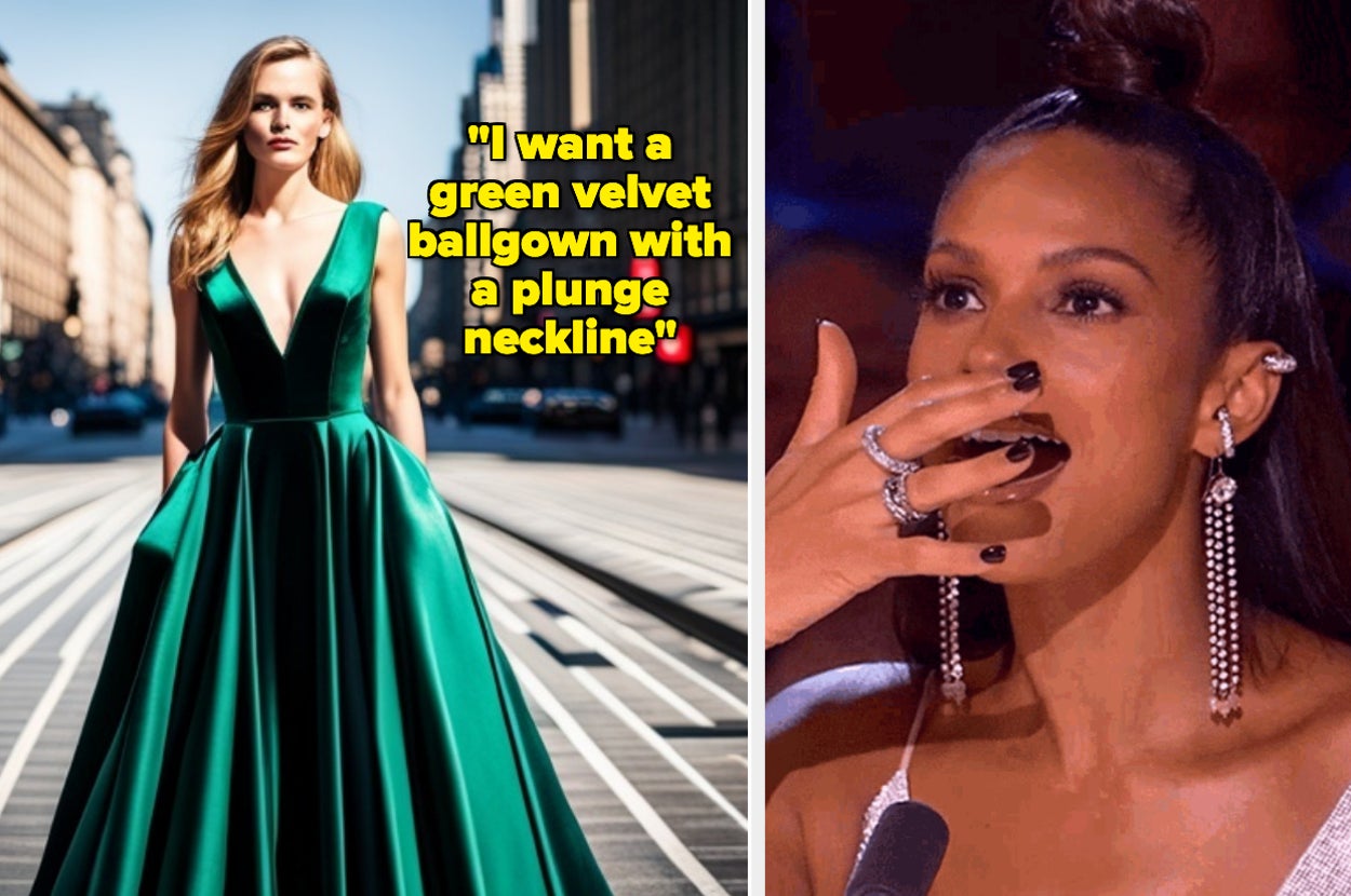 An AI-created green velvet ballgown next to Alesha Dixon covering her mouth in surprise