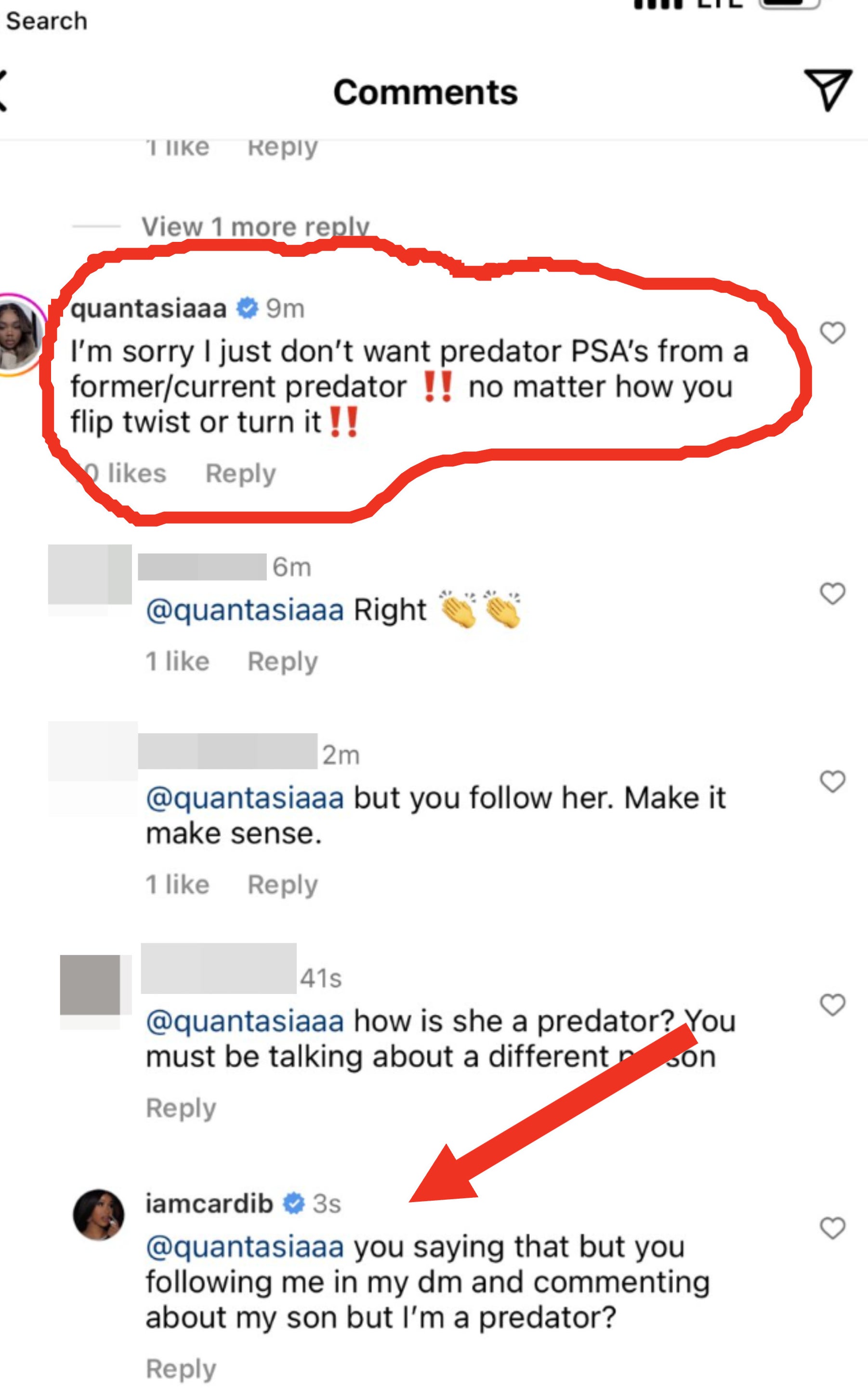 Comment: &quot;I'm sorry but I just don't want predator PSAs from a former/current predator!! no matter how you flip twist or turn it,&quot; and Cardi says &quot;you saying that but you following me in my dm and commenting about my son but I'm a predator?&quot;