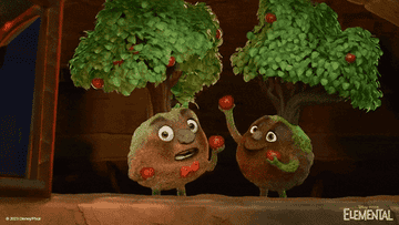 Two animated apple trees smiling