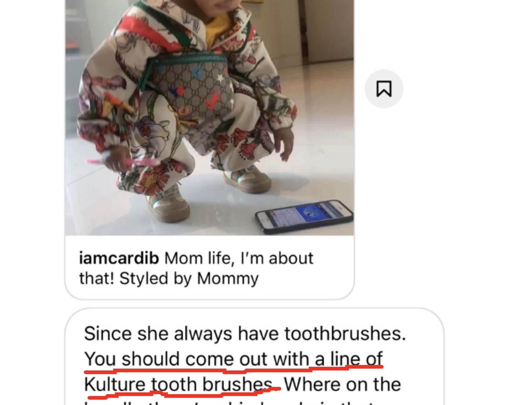 Comment: &quot;You should come out with a line of Kulture toothbrushes, where on the handle there's a hip-hop lyric that was a hit in the culture&quot; and &quot;Make sure I get my coint&quot;