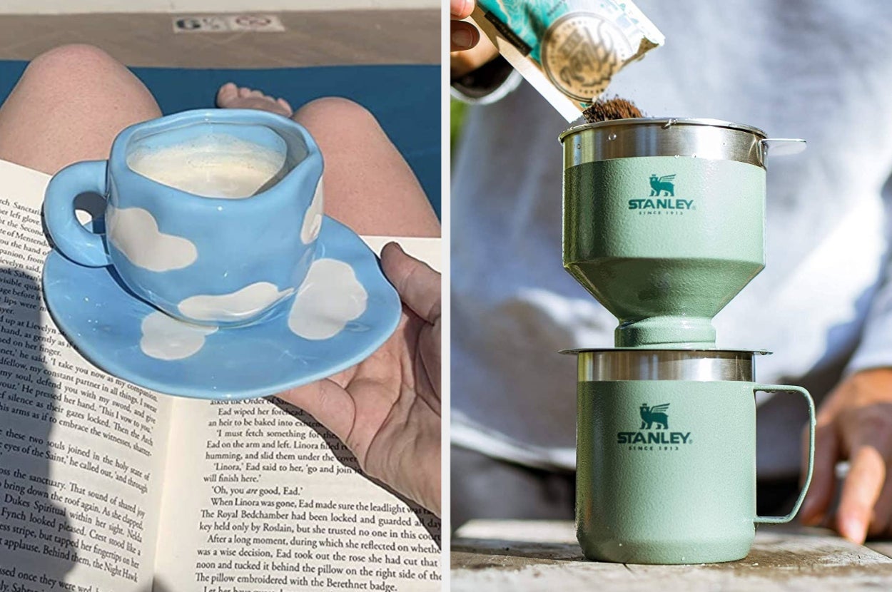 on left: reviewer holding cup of coffee in ceramic blue cup and coaster with cloud print. on right: model pouring coffee ground into green Stanley pour-over coffee maker