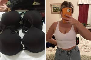 on left: black wrinkled bra on top and similar bra on bottom without wrinkles after using delicates bag. on right: reviewer wearing white sleeveless cropped bra tank top