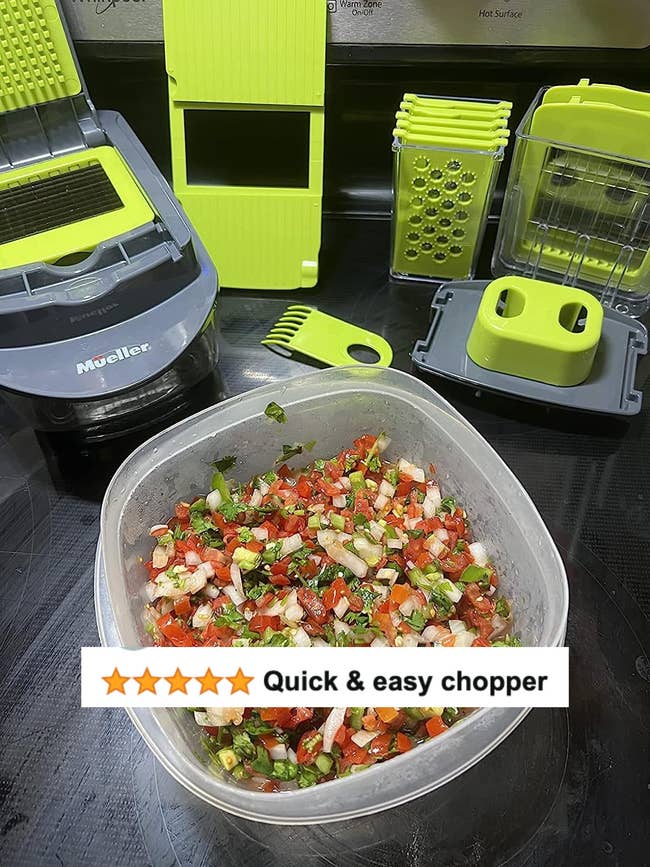 A reviewer's chopper and attachments next to a bowl of pico de gallo with text 