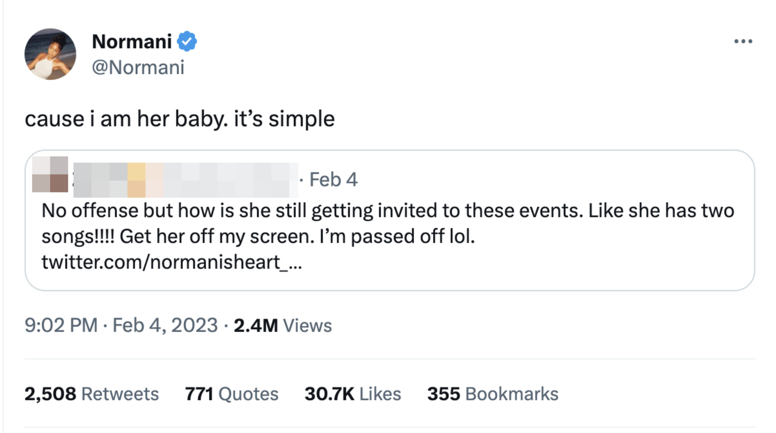 Normani tweet &quot;Cause I am her baby; it's simple&quot; when someone says &quot;No offense but how is she still getting invited to these events, like she has two songs! Get her off my screen&quot;