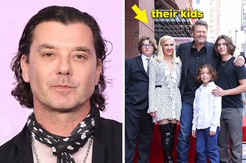 Gavin Rossdale poses on the red carpet vs Gwen Stefani smiles for a photo with Blake Shelton and her kids
