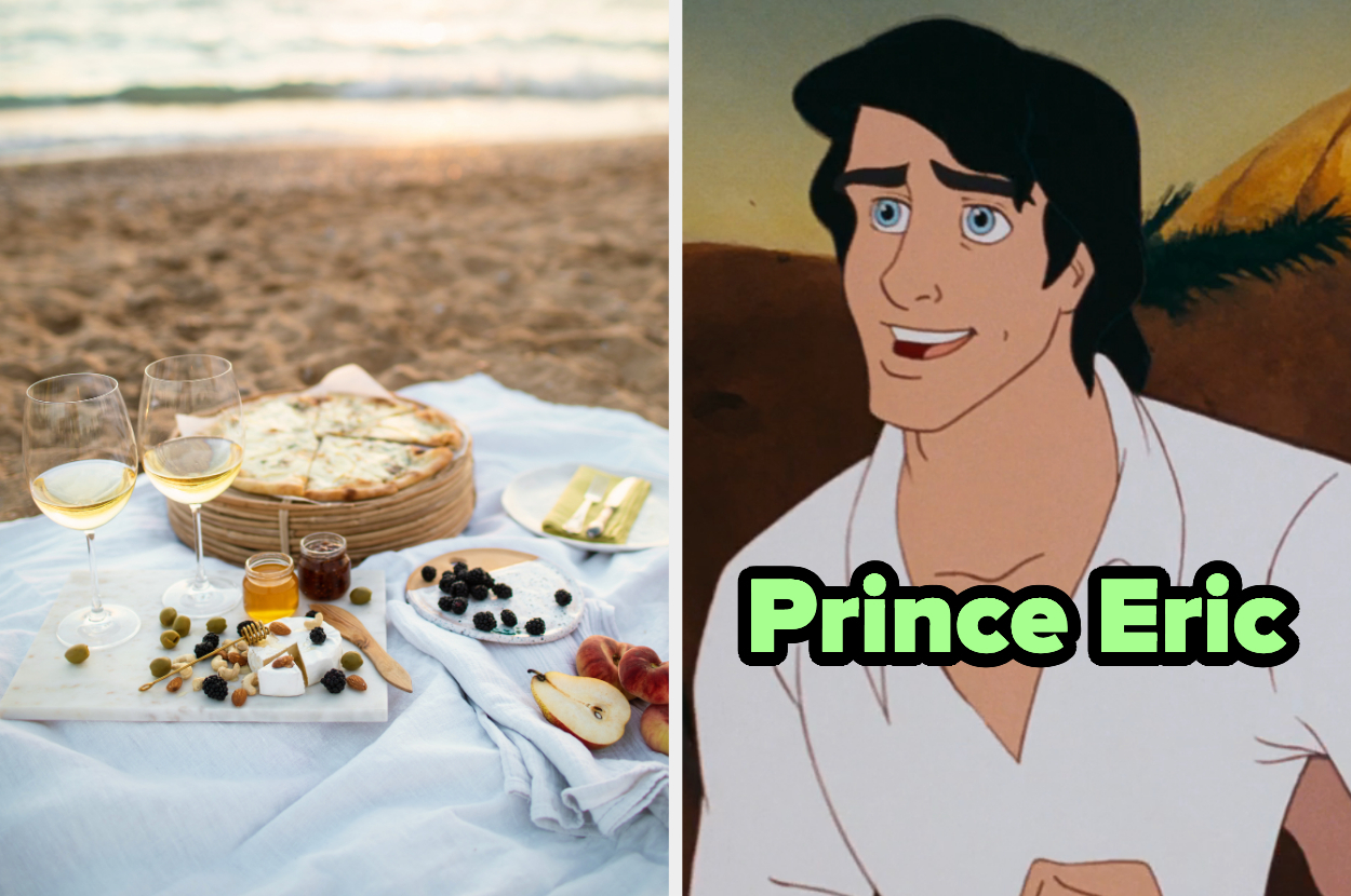 On the left, a picnic on the beach, and on the right, Prince Eric from The Little Mermaid