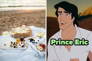 On the left, a picnic on the beach, and on the right, Prince Eric from The Little Mermaid