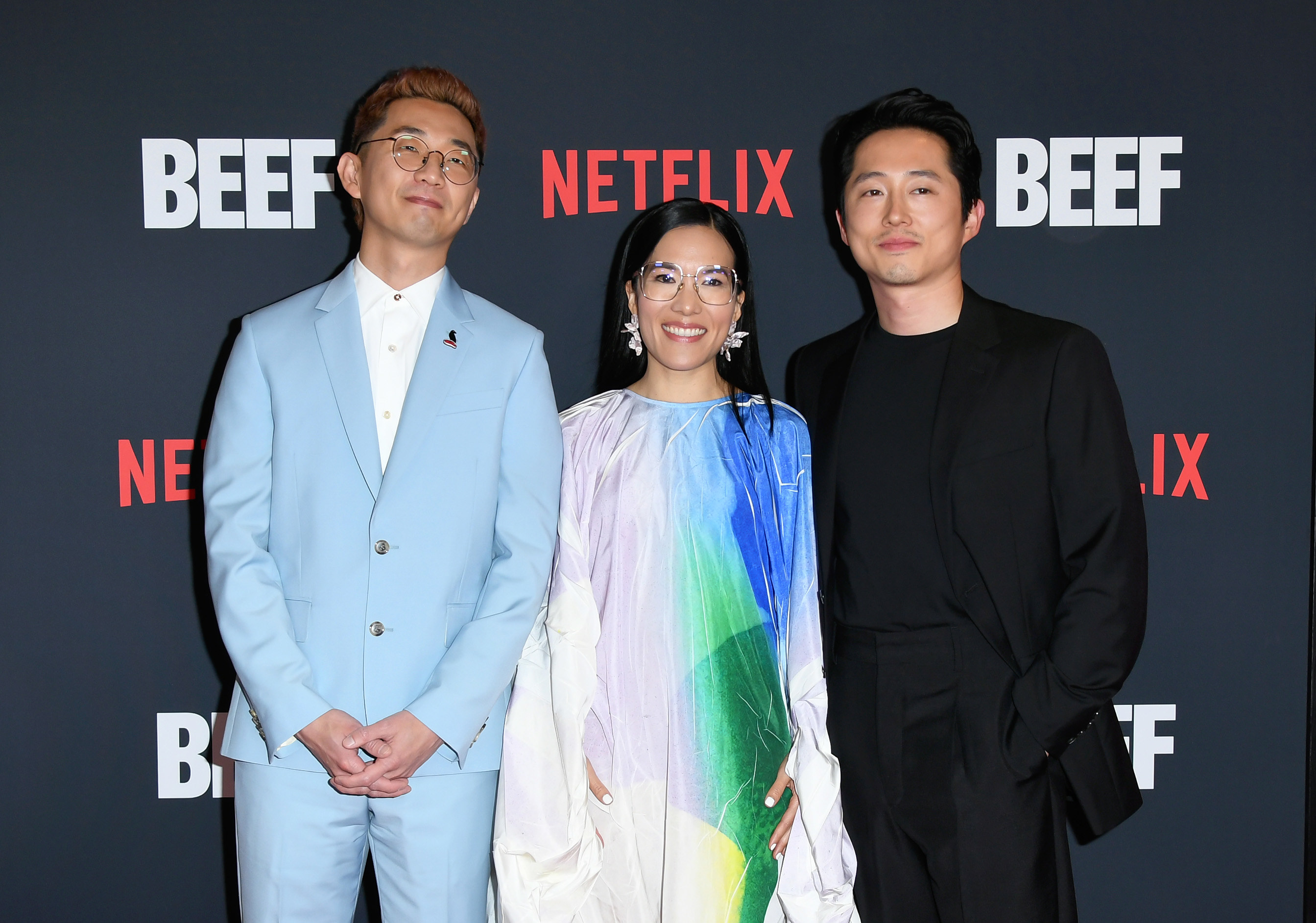 Lee Sung Jin, Ali Wong, and Steven Yeun attend the Los Angeles Premiere of Netflix&#x27;s &quot;Beef&quot; at the Tudum Theater