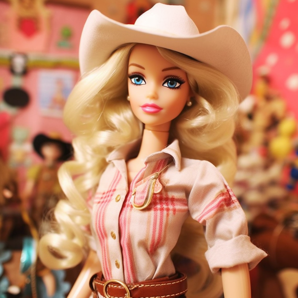 Barbie wearing a cowboy hat, a plaid shirt, jeans, and a belt