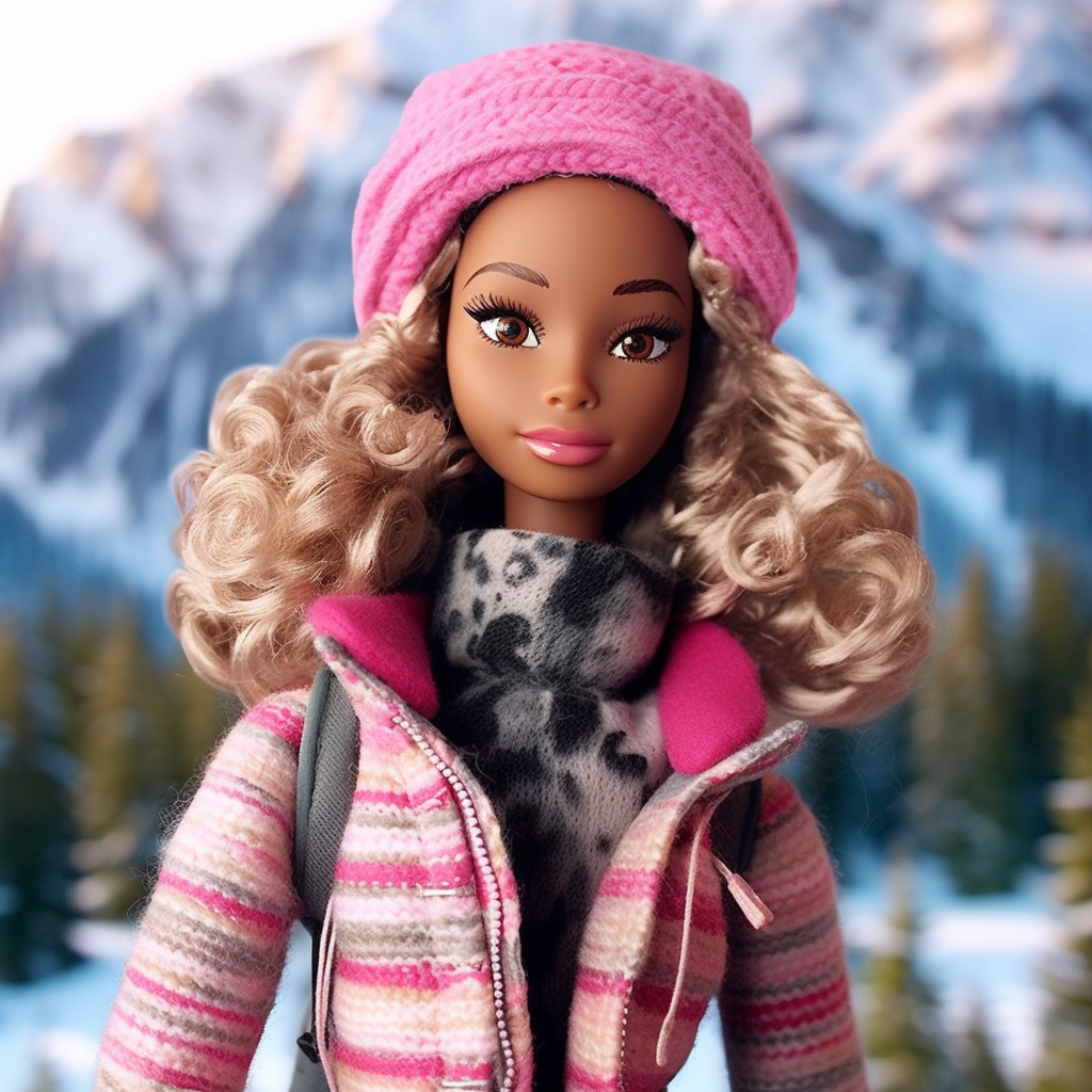 A Barbie with curly hair standing in front of snow-capped mountains wearing a beanie, an animal-print turtleneck, and a winter jacket