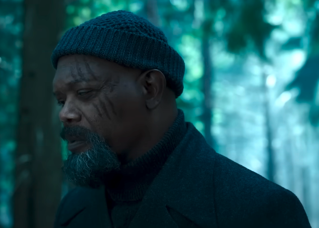 closeup of nick fury with scars on his face