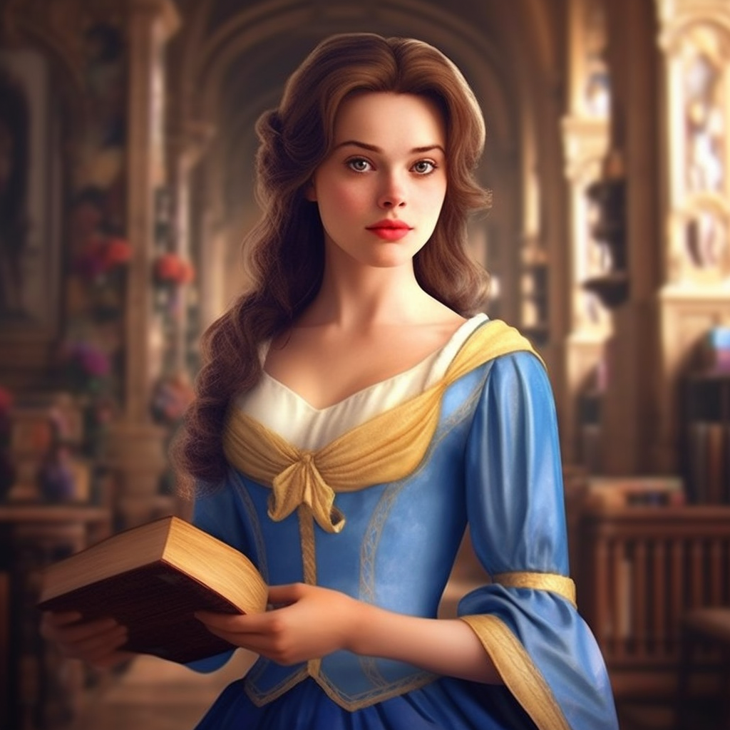 Belle in her white and blue outfit, holding a book