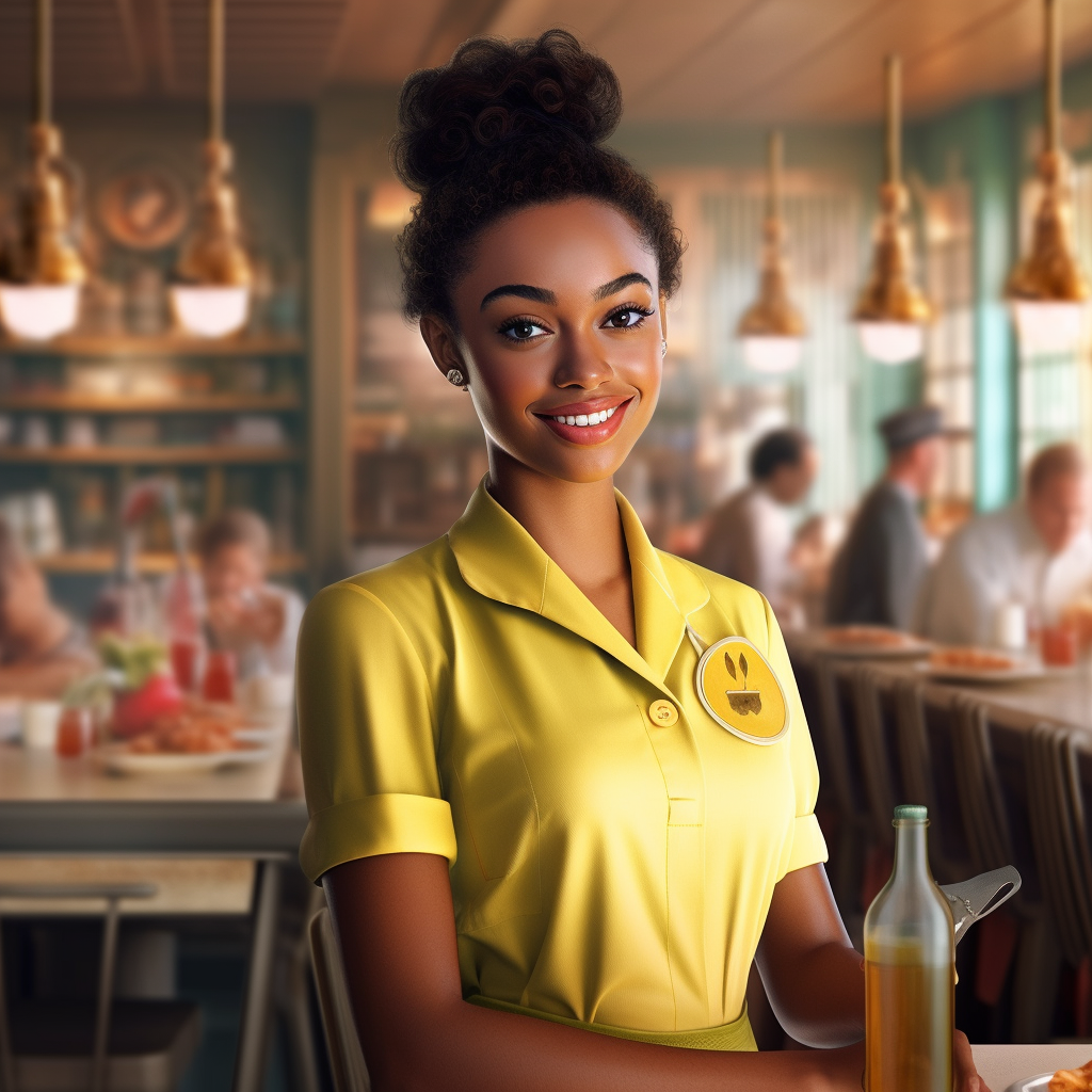 Tiana in her yellow uniform in her restaurant