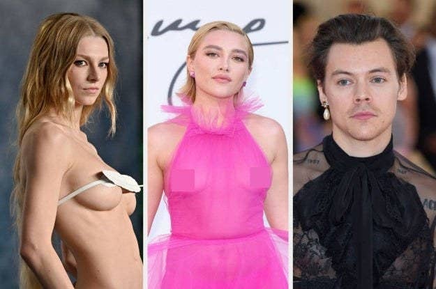 Side-by-side of Hunter Schafer, Florence Pugh, and Harry Styles in sheer tops