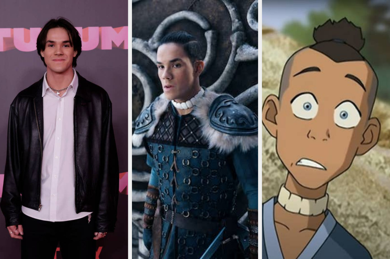 Side-by-side of Ian Ousley, Sokka from the Netflix series, and Sokka from the animated series