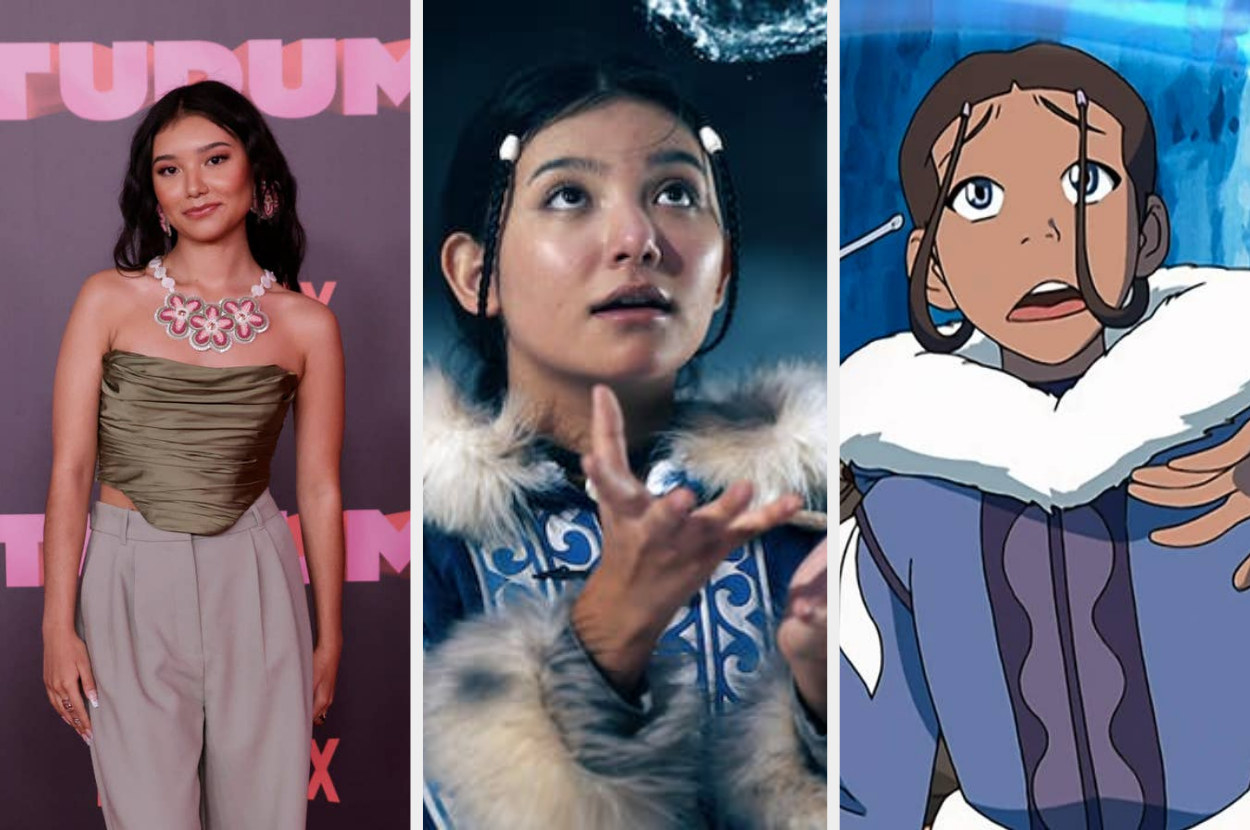 Side-by-side of Kiawentiio, Katara in the Netflix series, and Katara in the animated series