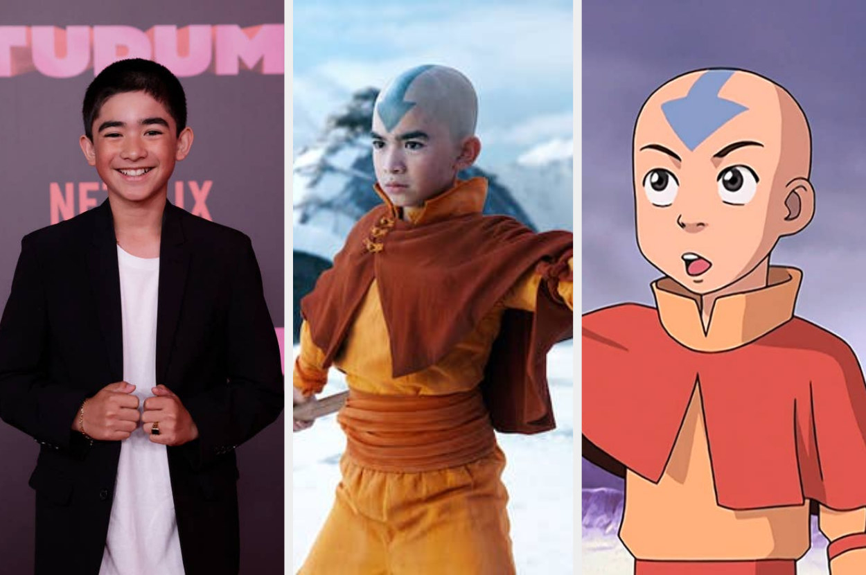 Side-by-side of Gordon Cormier, Aang from the Netflix series, and Aang from the animated series