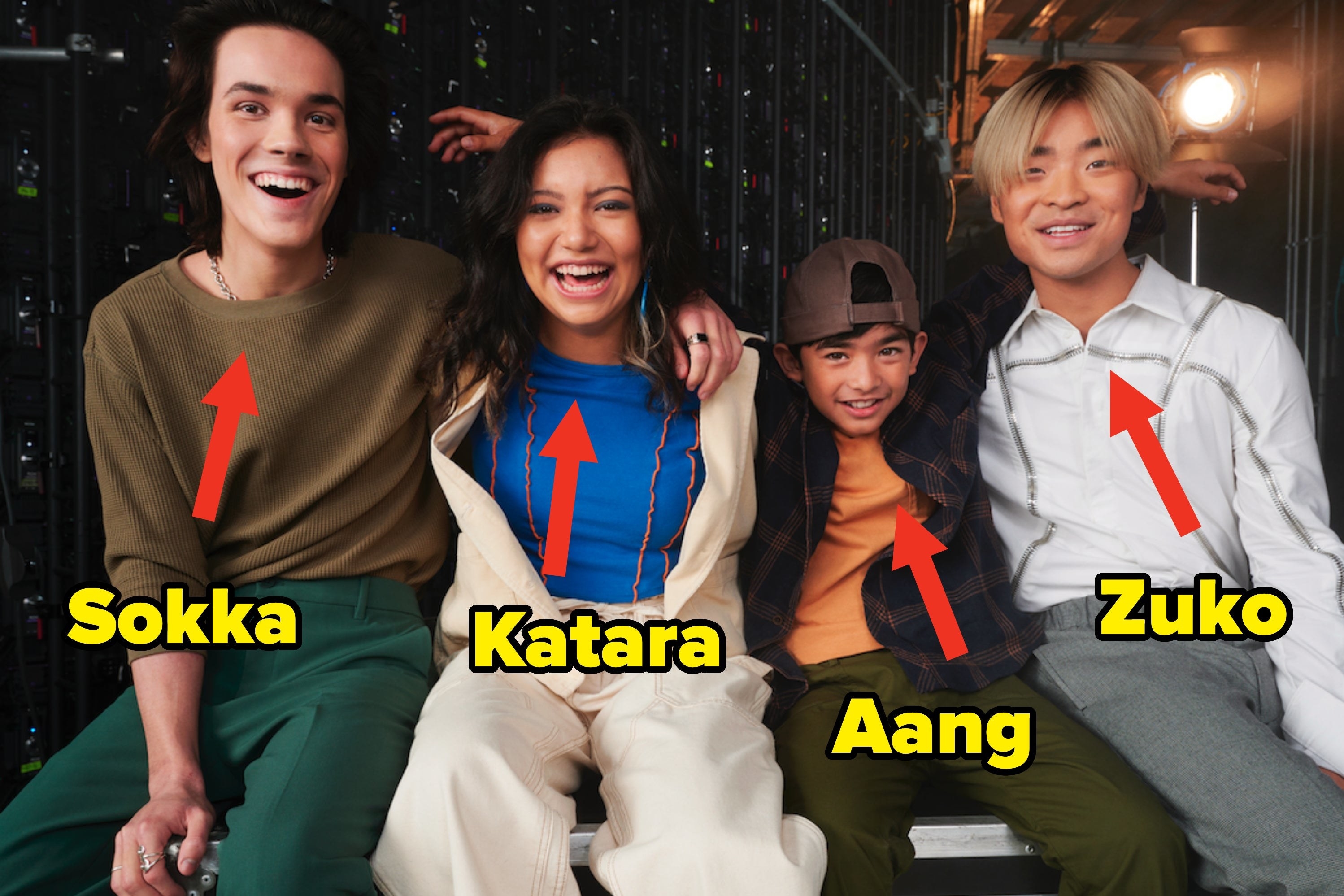 Arrows pointing at the actors playing Sokka, Katara, Aang, and Zuko