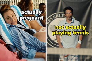 kaley cuoco with the text actually pregnant and chris messina with the text not actually playing tennis in based on a true story