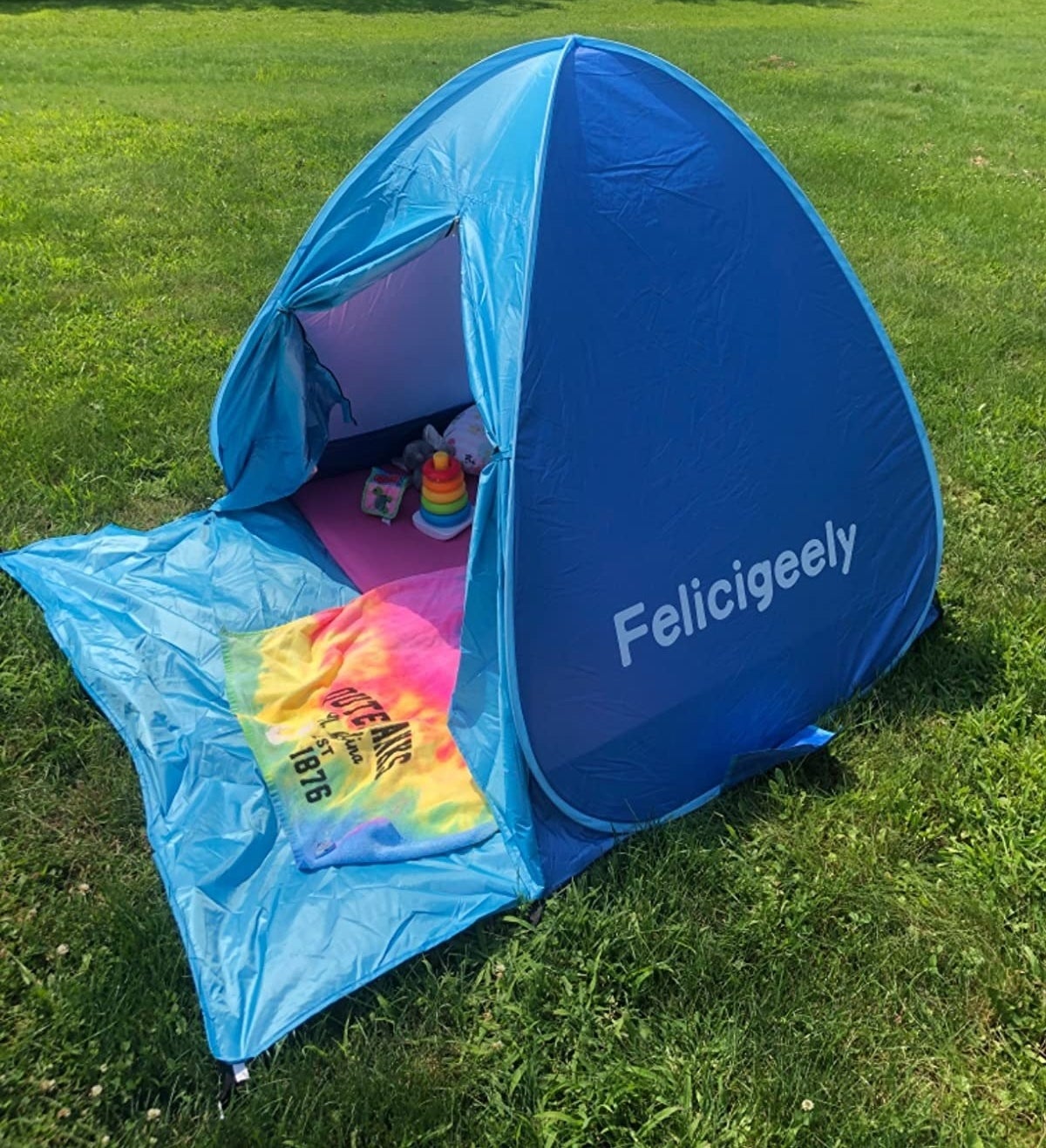 A pop-up tent in a yard