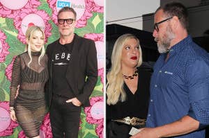 Tori Spelling and Dean McDermott pose on the red carpet vs Tori looks up at Dean as they talk on the street