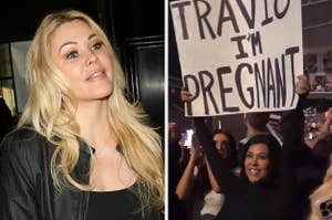 Shanna Moakler poses for a photo vs Kourtney Kardashian announces her pregnancy with a sign