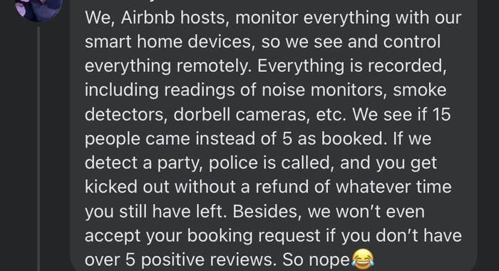 renter message about them using cameras and smart home technology to know about everything a guest does while staying with them