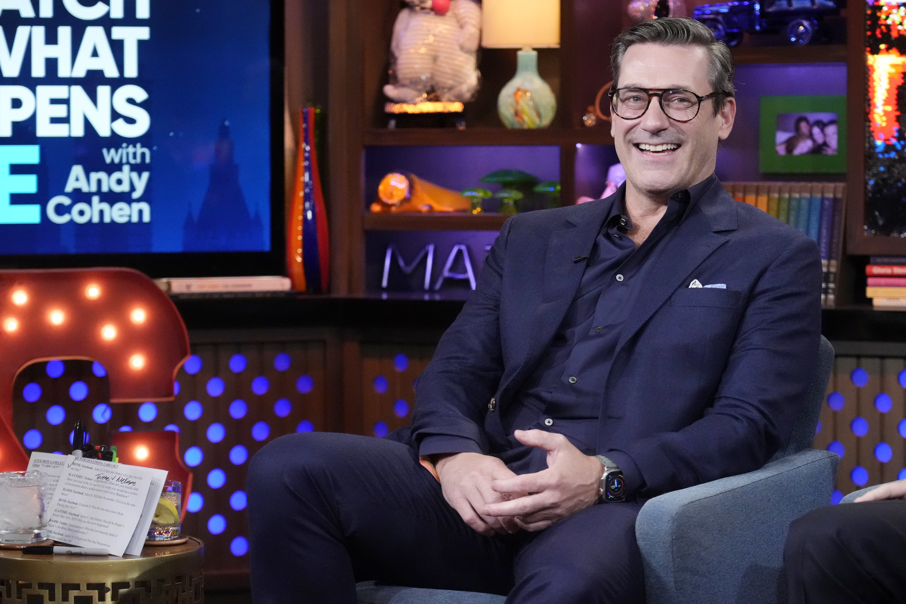Jon sitting on the set of Watch What Happens Live With Andy Cohen