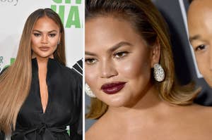 Chrissy Teigen poses for a photo on the red carpet vs Chrissy Teigen poses on the red carpet with John Legend