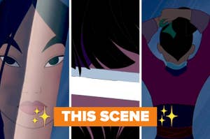 mulan cutting her hair with a sword in the animated film