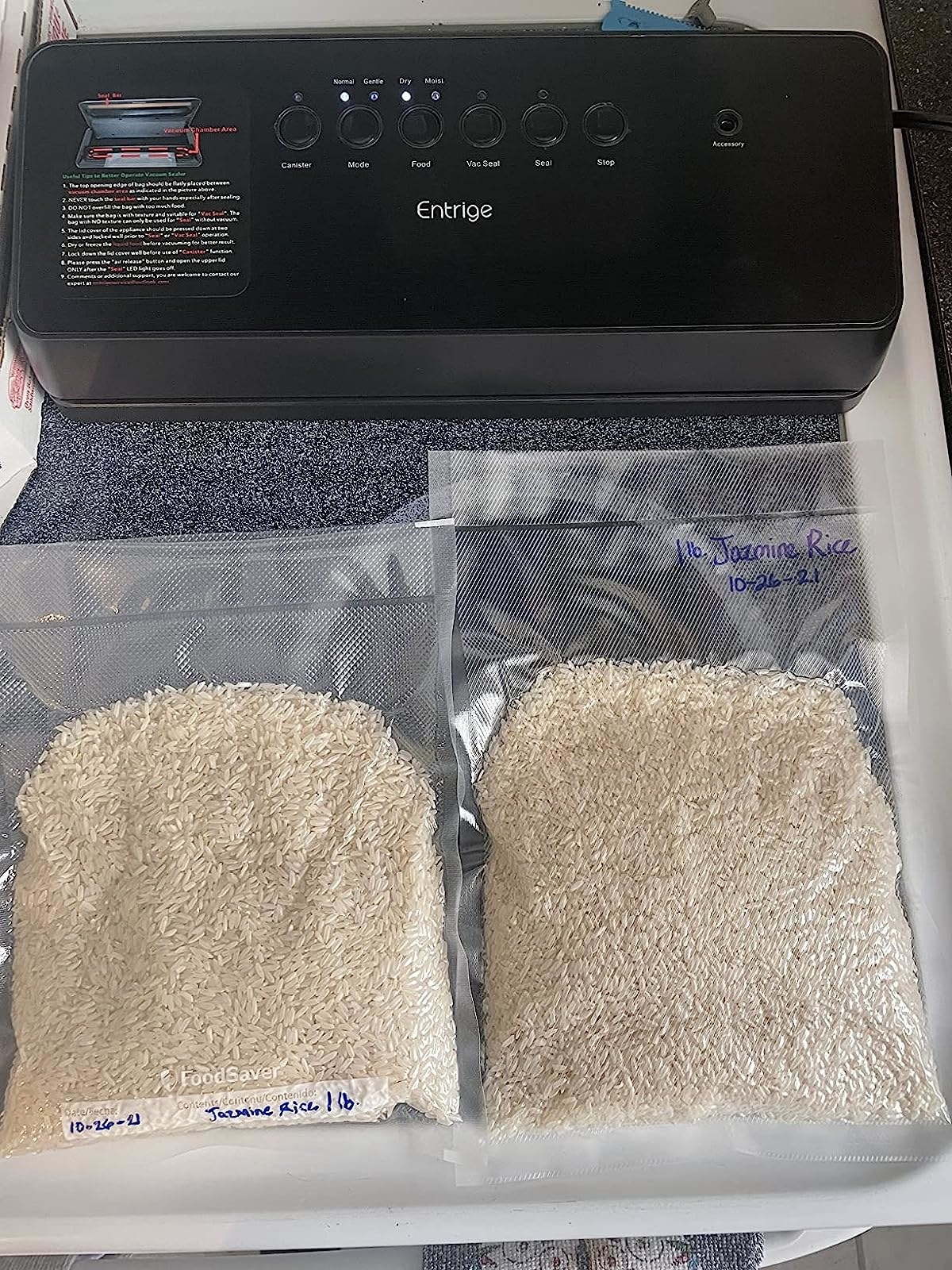 a reviewer&#x27;s photo of rice in the bags