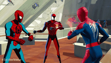 Three different Spider-Men point at one-another