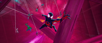 Miles Morales attempts to escape a number of pursuing Spider-men
