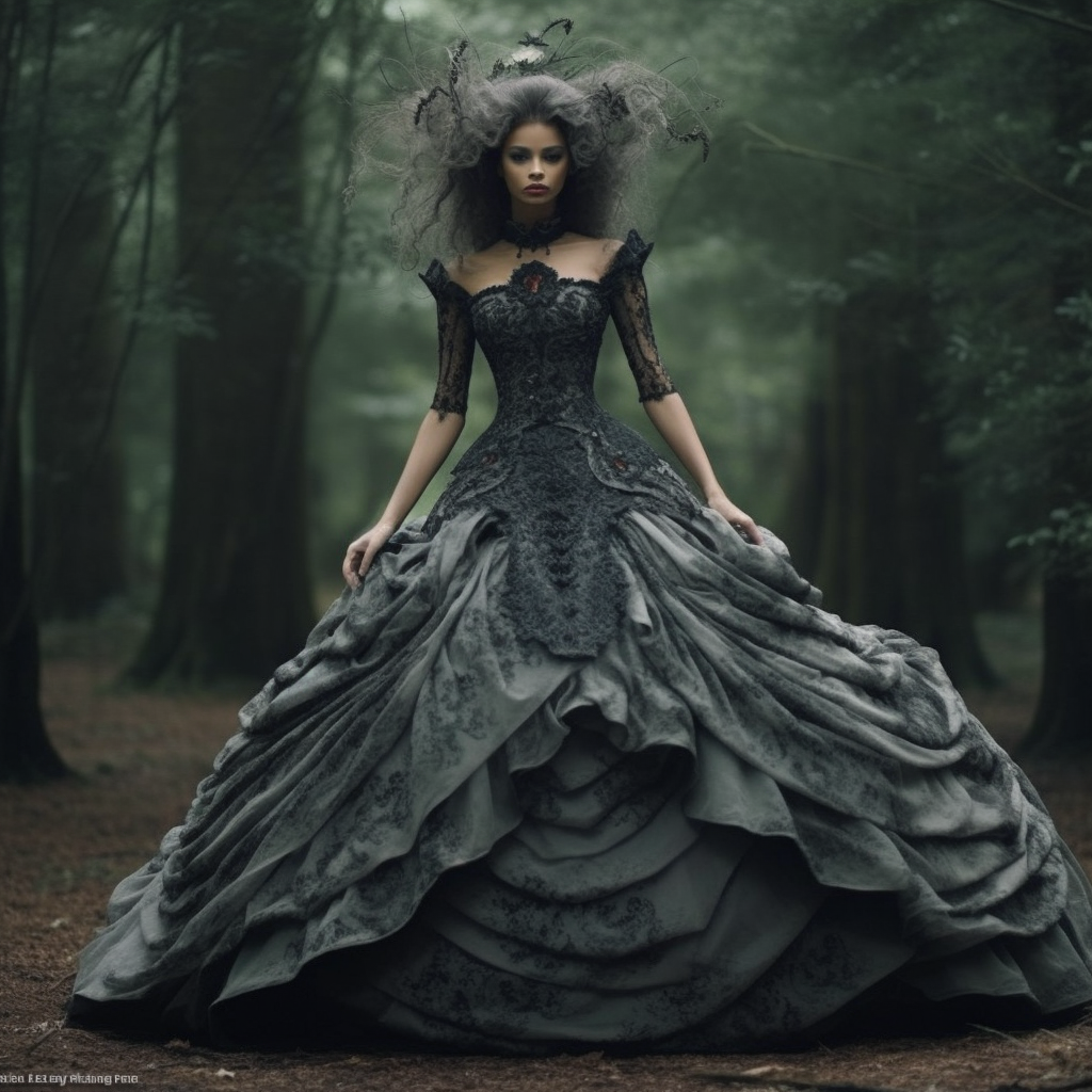 dark corset gown with a large skirt and lace details