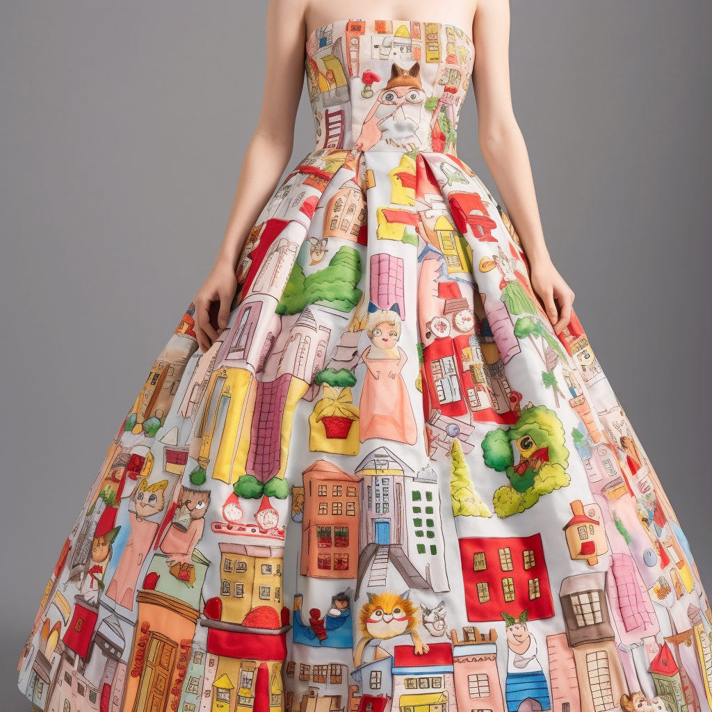 strapless modern dress with a print of different houses and cat