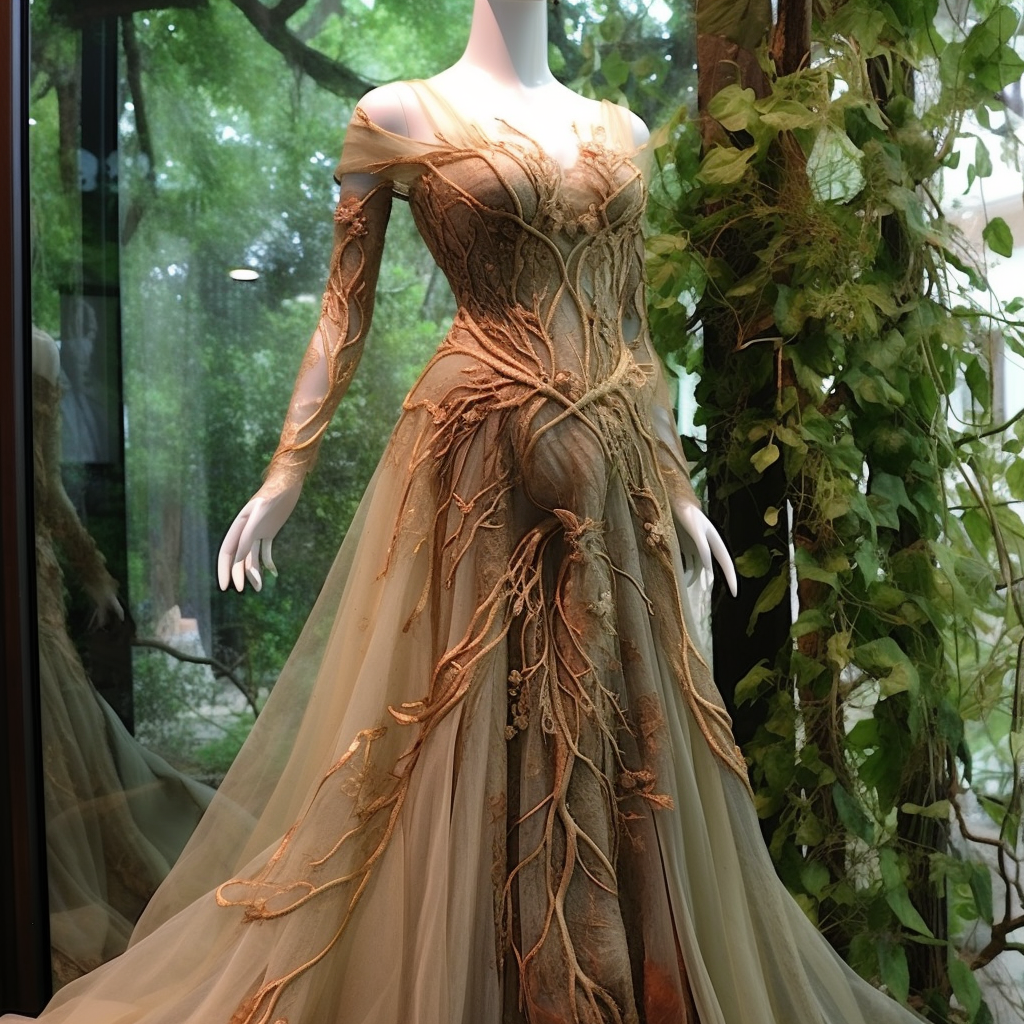 tulle dress with 3d details that look like branches going up the bodice