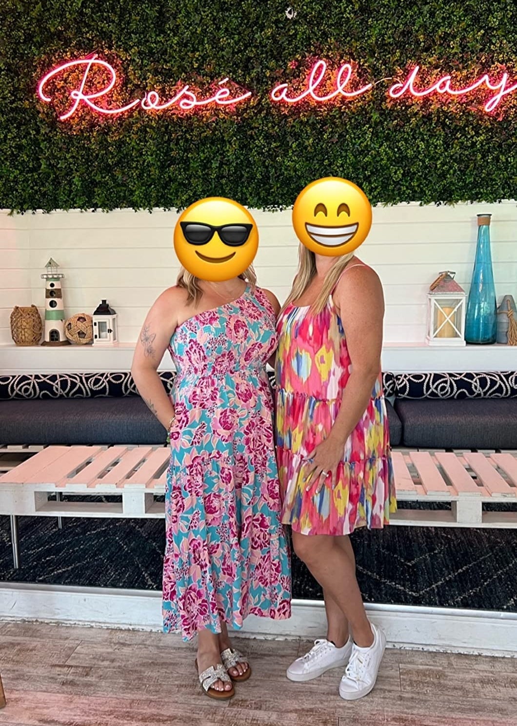 A reviewer in the floral dress