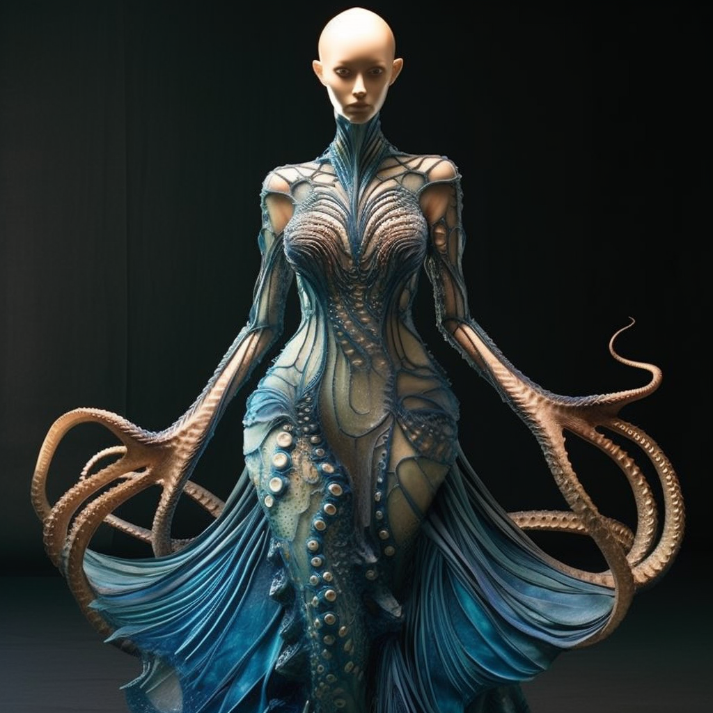 skin tight dress with long tentacles connecting to the skirt