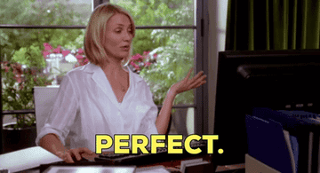 cameron diaz sitting at a computer and saying perfect in the holiday