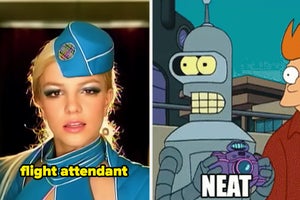 britney spears as a flight attendant and bender from futurama saying neat
